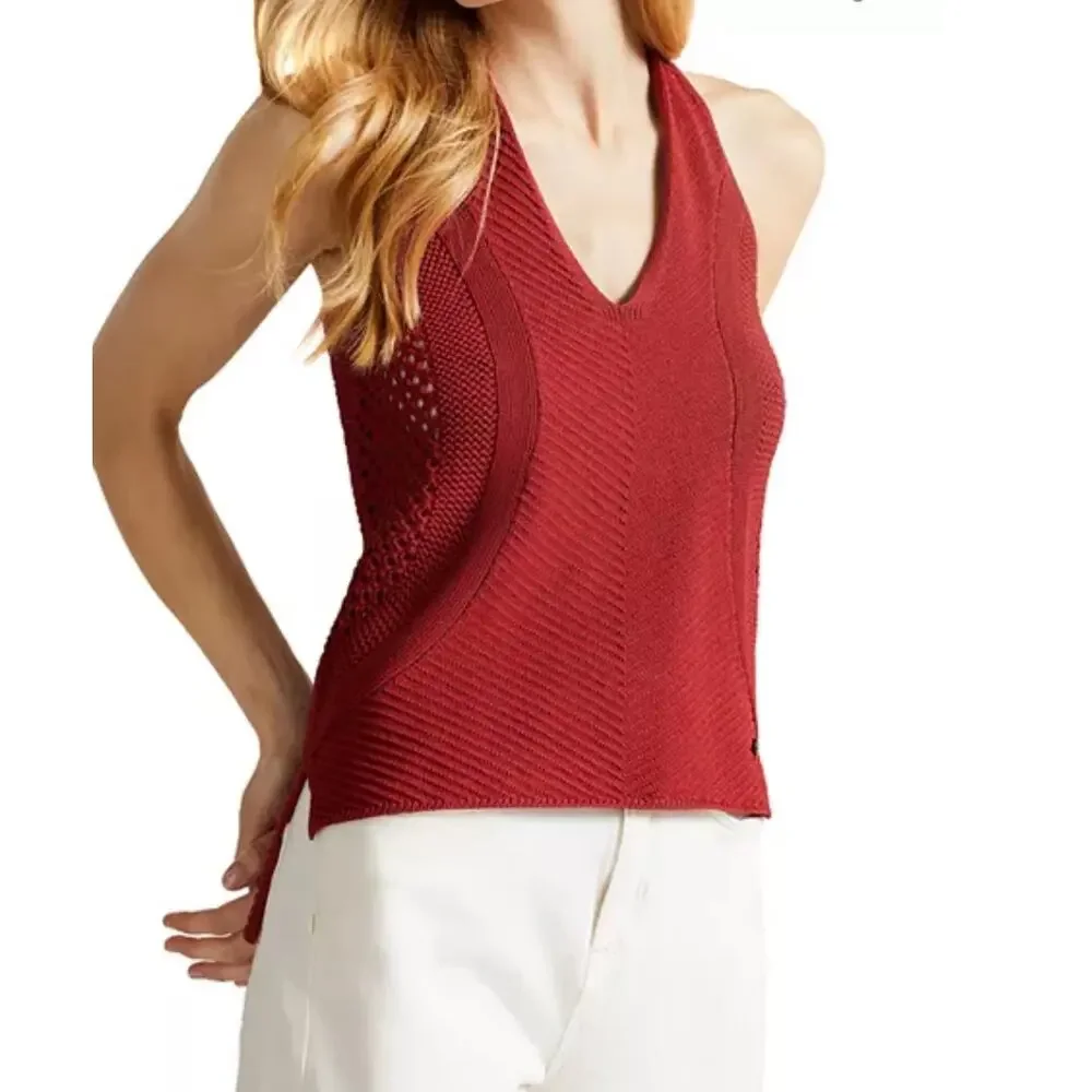 Ted Baker Womens Abrin Racerback Tank Sleeveless Sweater Size 6 Crochet Dark Red